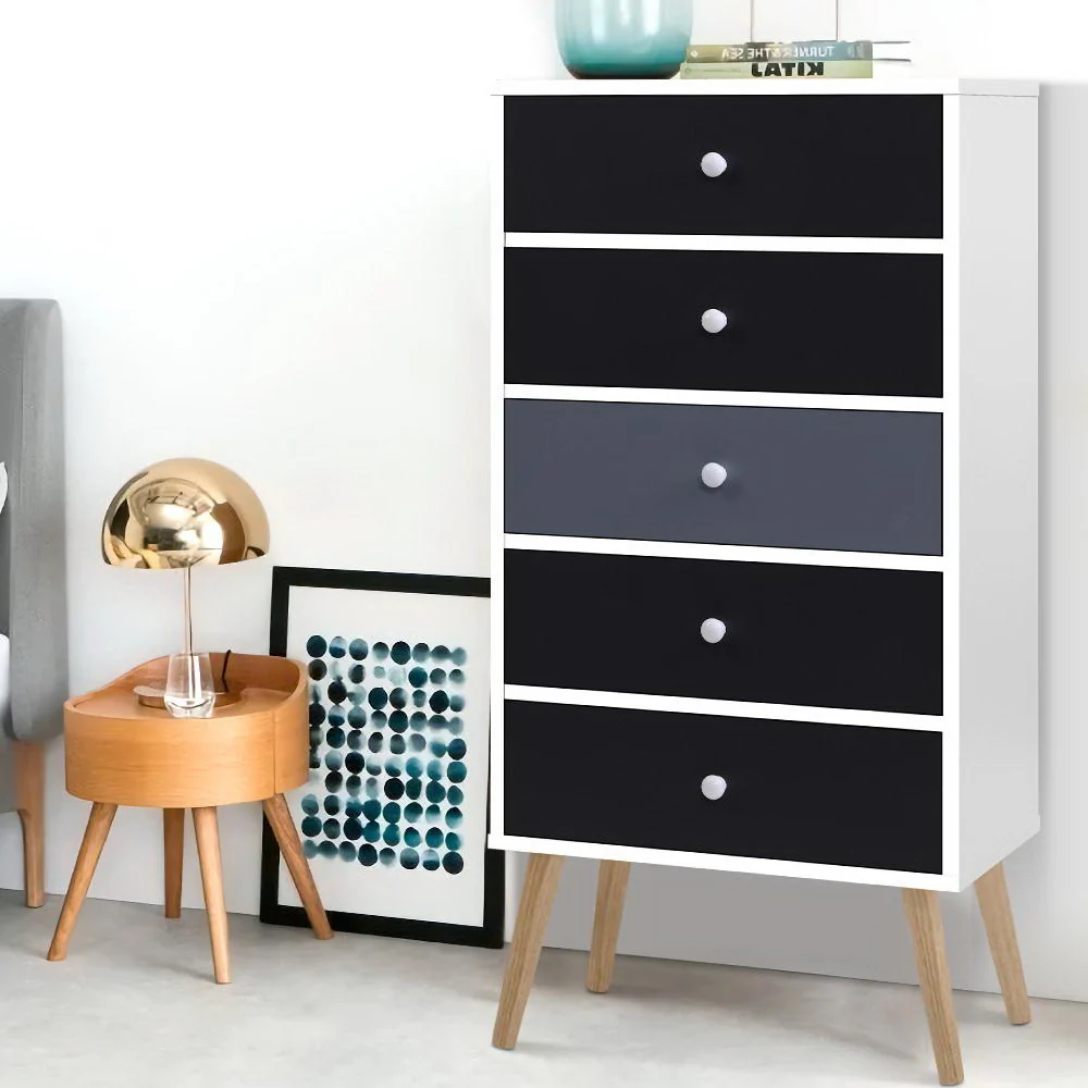 Artiss 5 Chest of Drawers - White & Black - Nurns