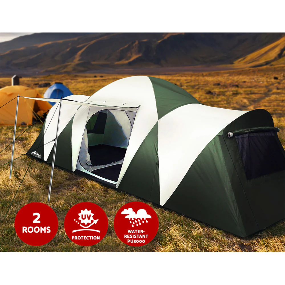 Family Camping Tent 12 Person Hiking Beach Tents (3 Rooms) Green - Nurns