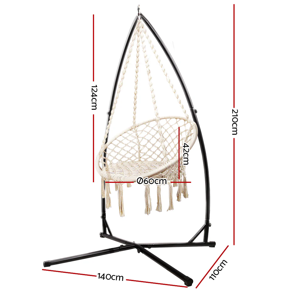 Hammock Chair with Steel Stand Macrame Outdoor Swinging - Cream - Nurns