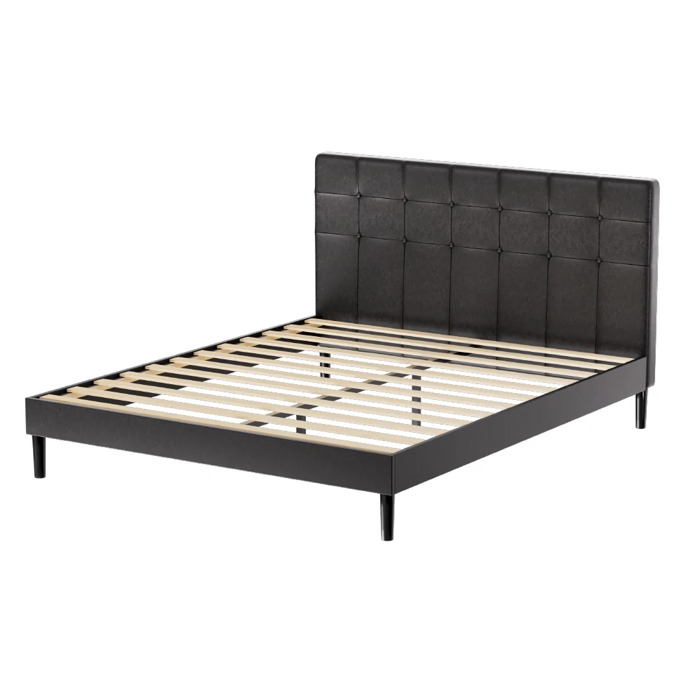 Eloise Bed Frame Base with LED Lights Charge Ports Leather - Black Queen - Nurns