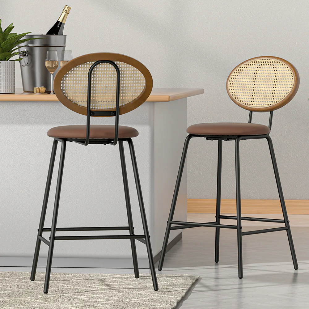 Set of 2 Valletta Bar Stools Kitchen Stool Metal Counter Rattan - Brown - Nurns