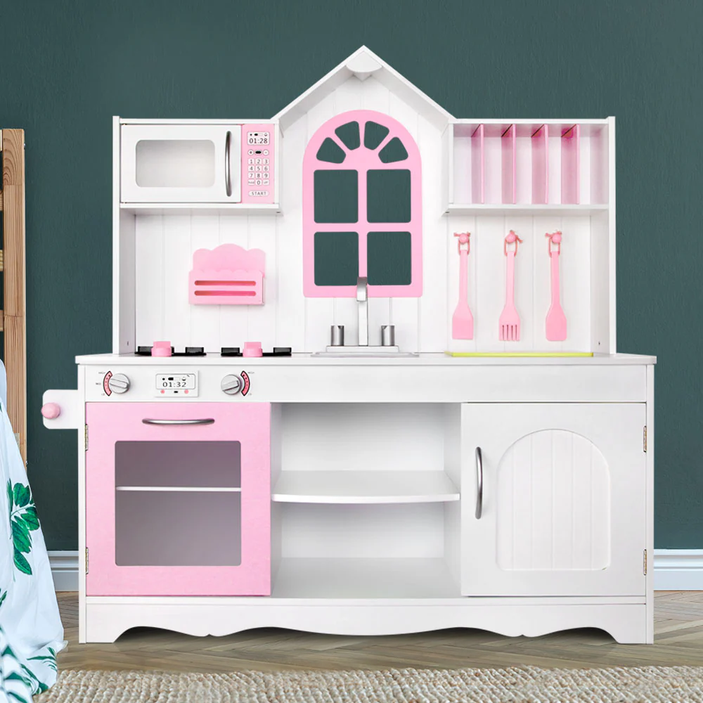 Kids Wooden Kitchen Play Set - White & Pink - Nurns