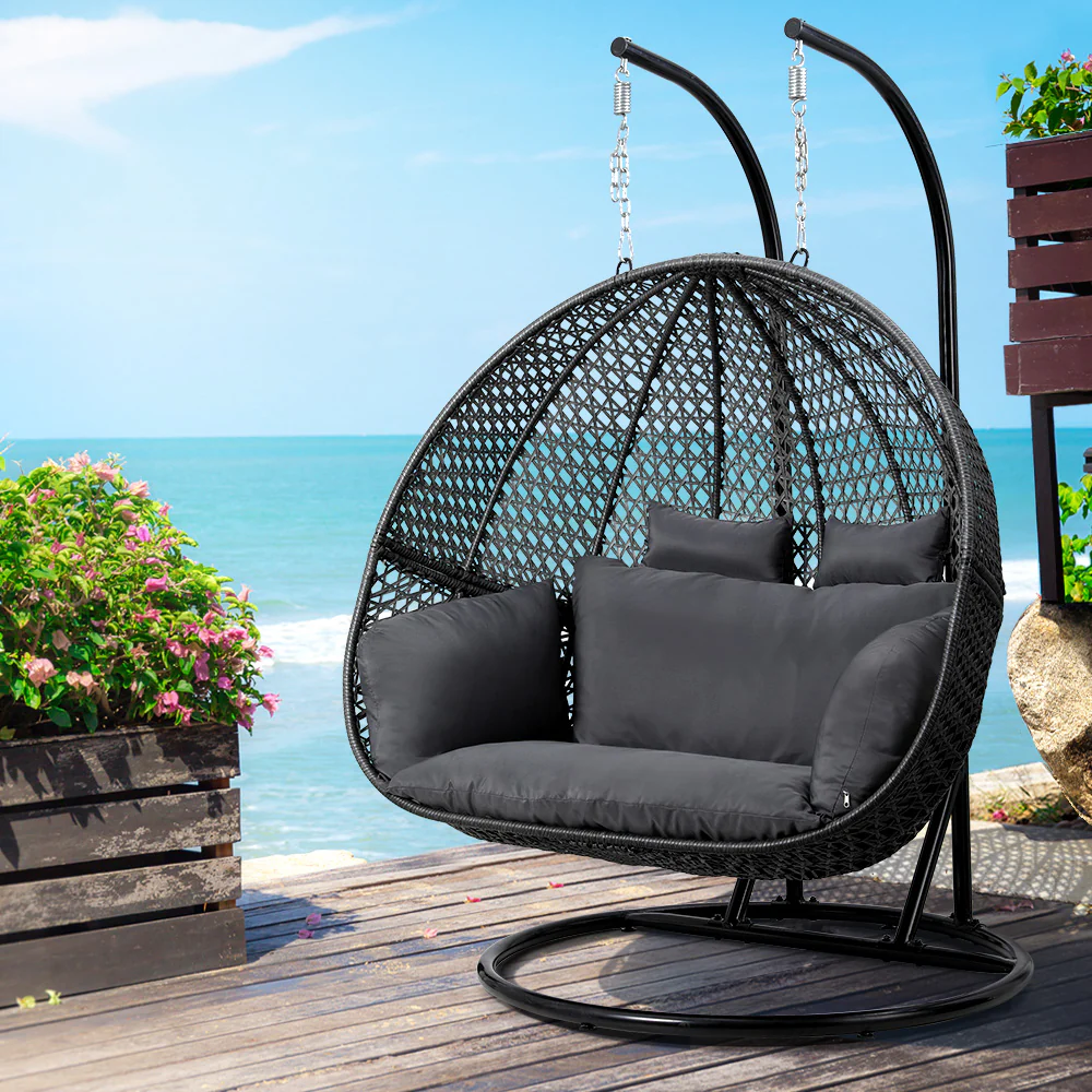 Andrew Outdoor Egg Swing Chair Wicker Furniture Pod Stand Cushion 2 Seater - Grey - Nurns
