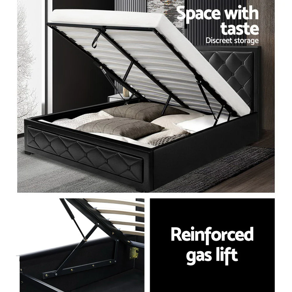 Savannah Bed Frame PU Leather Gas Lift Storage - Black Queen - Nurns
