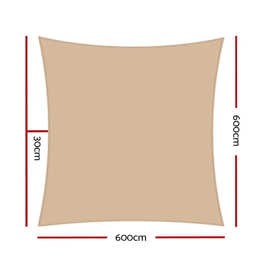 Instahut Shade Sail 6x6m Rectangle 280GSM 98% Sand Shade Cloth - Nurns