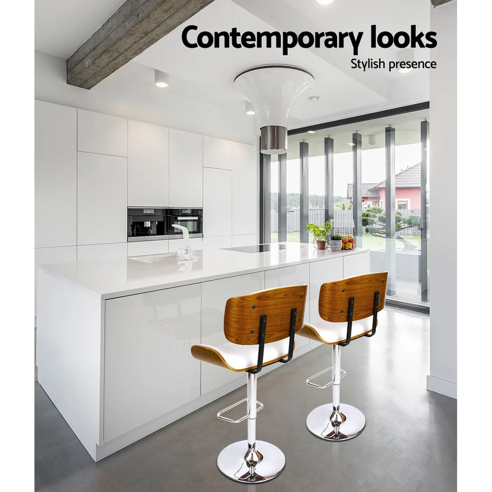 Set of 2 Ancona Wooden Gas Lift Bar Stool - White & Chrome - Nurns