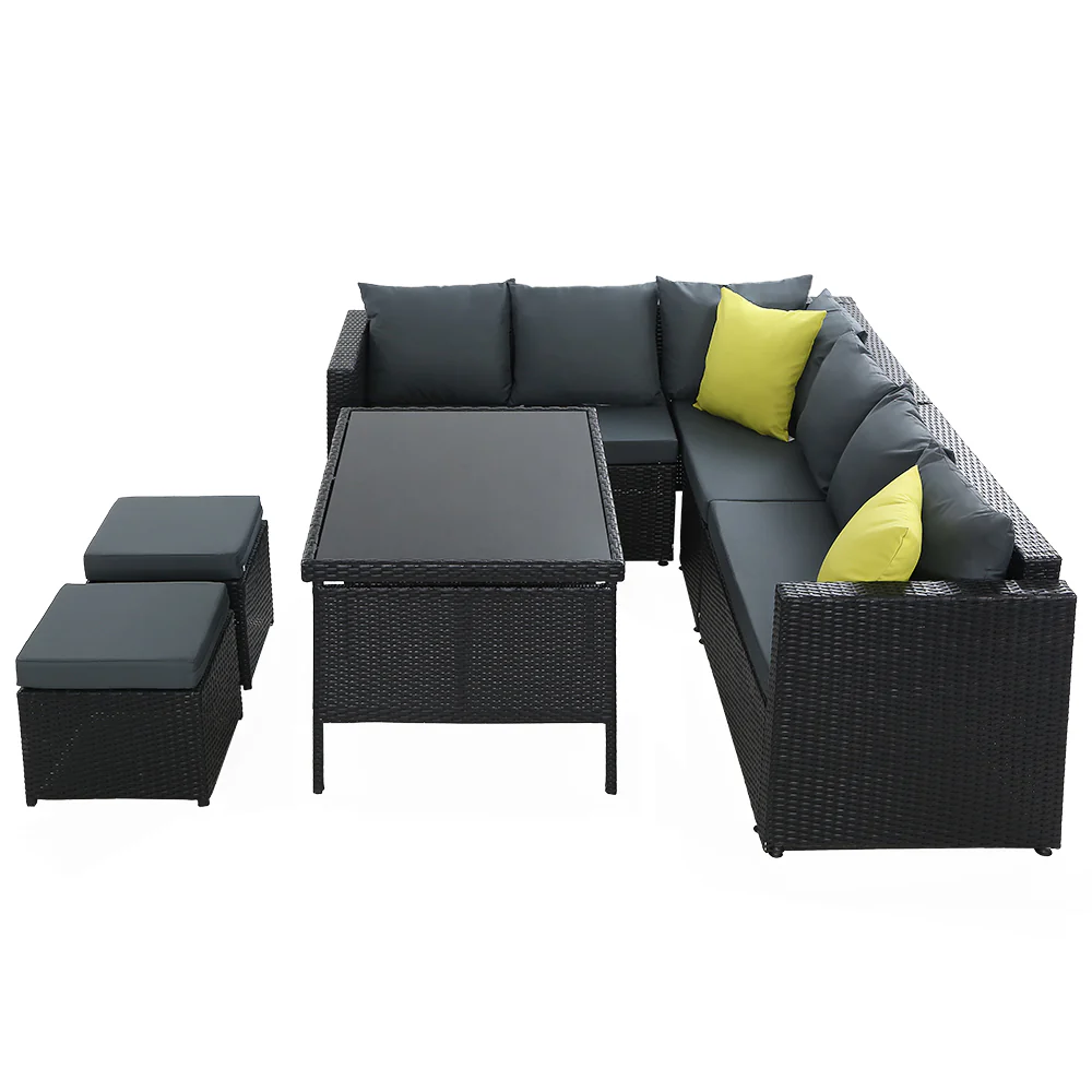 Alnwick 5-Seater Furniture Patio Set Table Chair Lounge Wicker Garden 6-Piece Outdoor Sofa - Black - Nurns