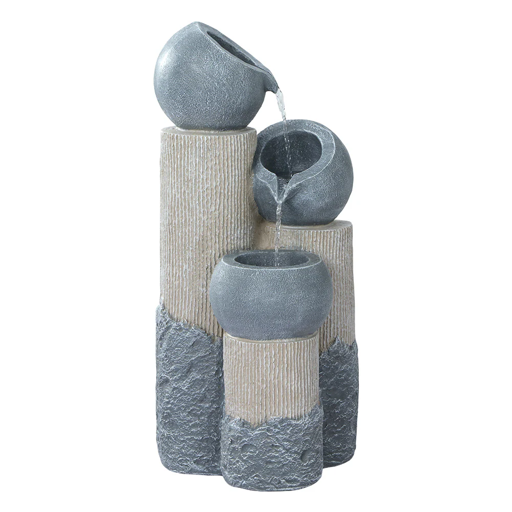 Solar Water Feature Cascading Fountain 3-Tier Pot LED Lights 76cm - Grey - Nurns