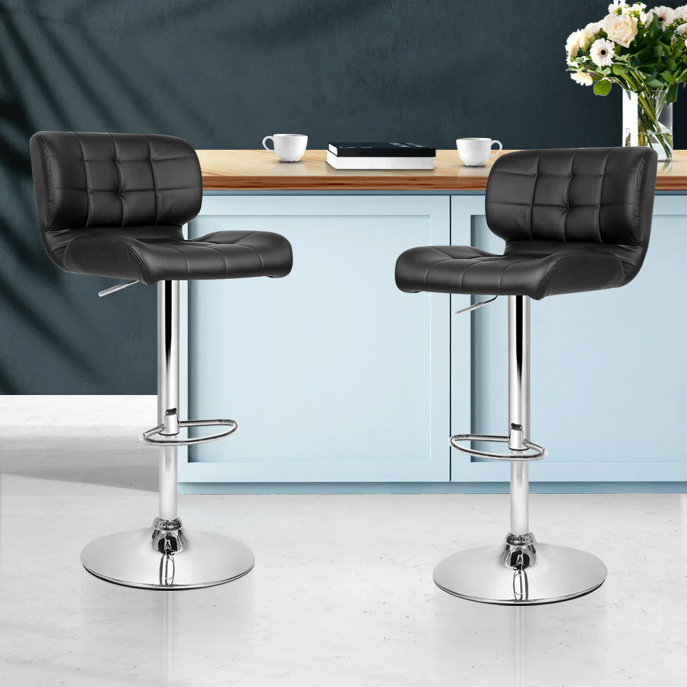 Set of 2 Genoa PU Leather Gas Lift Bar Stools - Black & Chrome - Nurns
