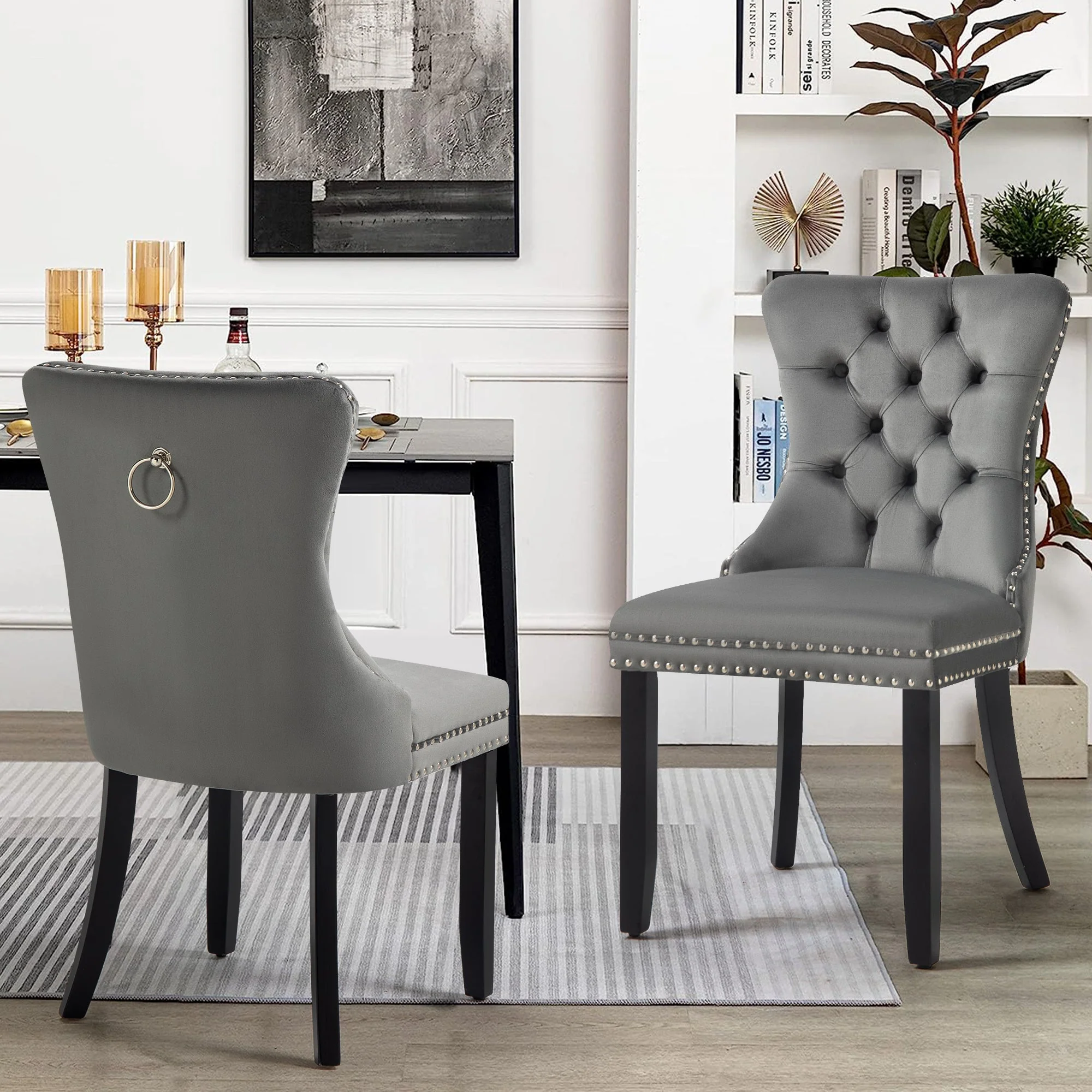 Gracey Set of 2 Velvet & Black Rubberwood Dining Chairs Upholstered Tufted Stud Trim and Ring - Dark Grey - Nurns