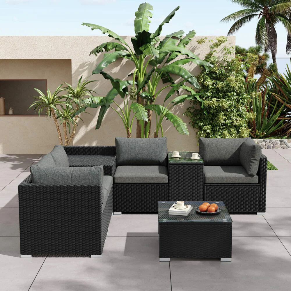 Quincy 6-Seater Wicker Loveseat 7-Piece Outdoor Wicker with Storage Cover - Black - Nurns