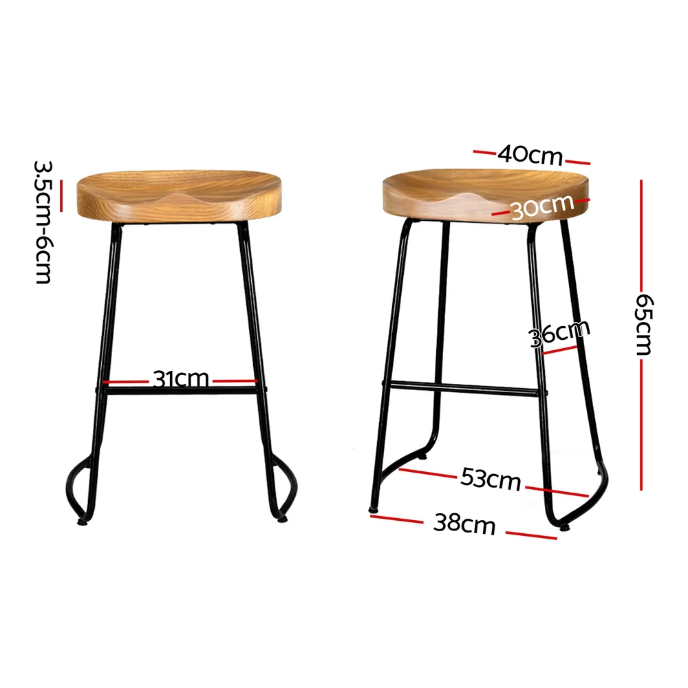 Set of 2 Reggio 65cm Elm Wood Backless Bar Stools - Black & Natural - Nurns