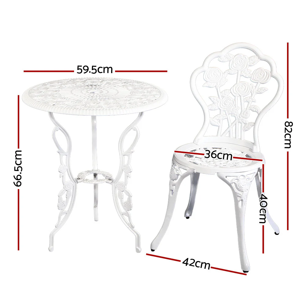 Caspian 2-Seater Chairs Table Aluminium Bistro 3-Piece Outdoor Furniture - White - Nurns