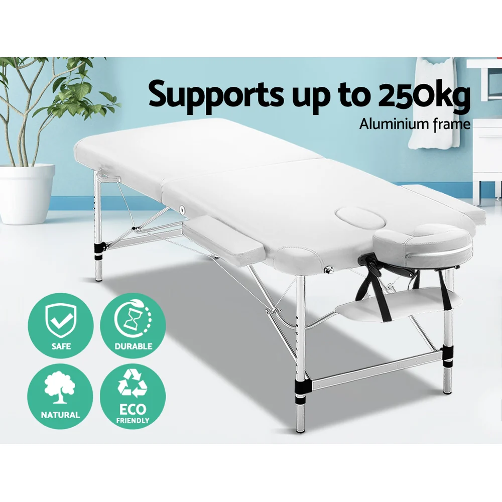 Massage Table 75cm 2 Fold Aluminium Massage Bed Portable Beauty Therapy White - Nurns