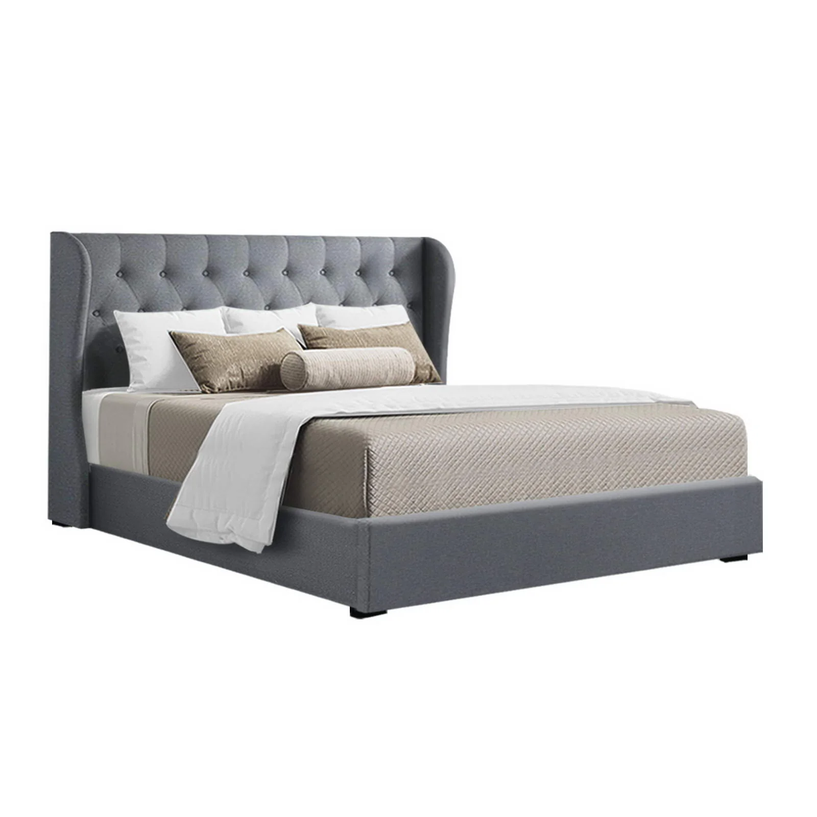 Lucca Bed Frame Fabric Gas Lift Storage - Grey Queen - Nurns