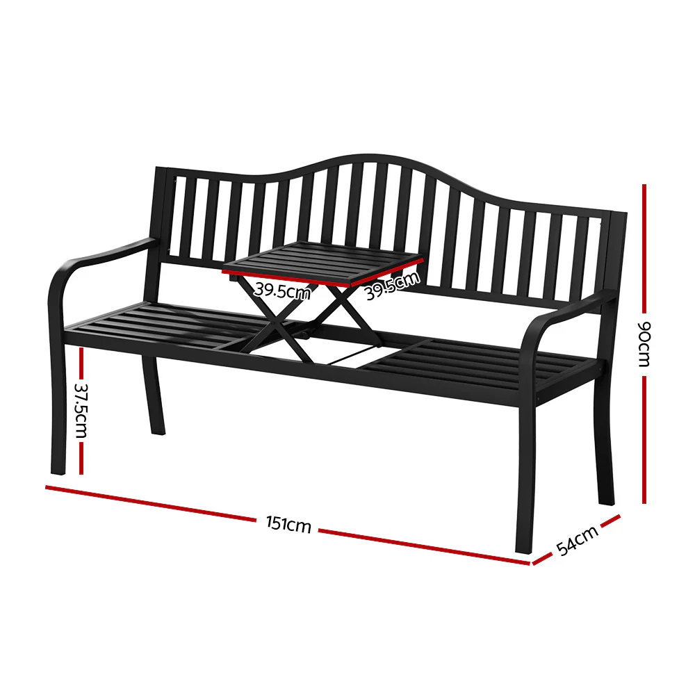 Calliope Outdoor Garden Bench Steel Foldable Table Furniture Patio Loveseat - Black - Nurns