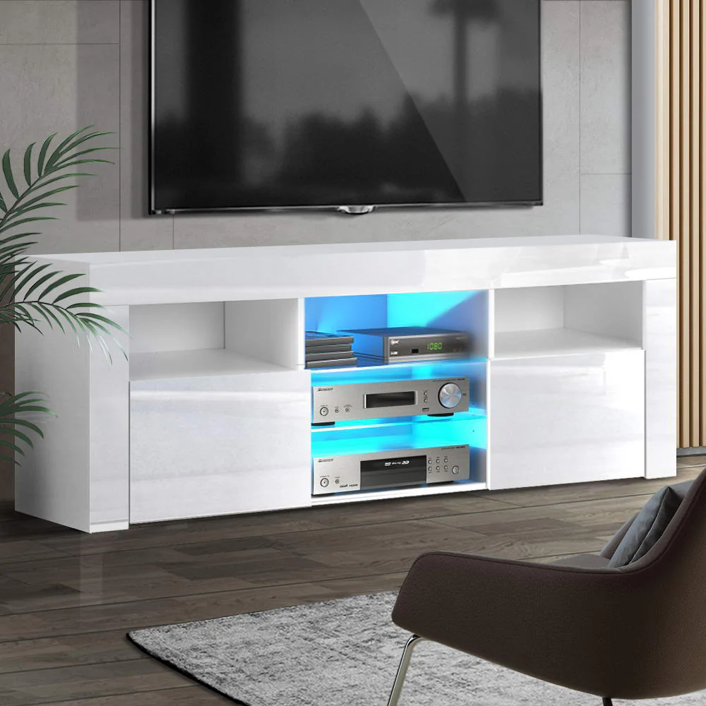 Hanns 160cm TV Cabinet Entertainment Unit Stand RGB LED Gloss Furniture - White - Nurns