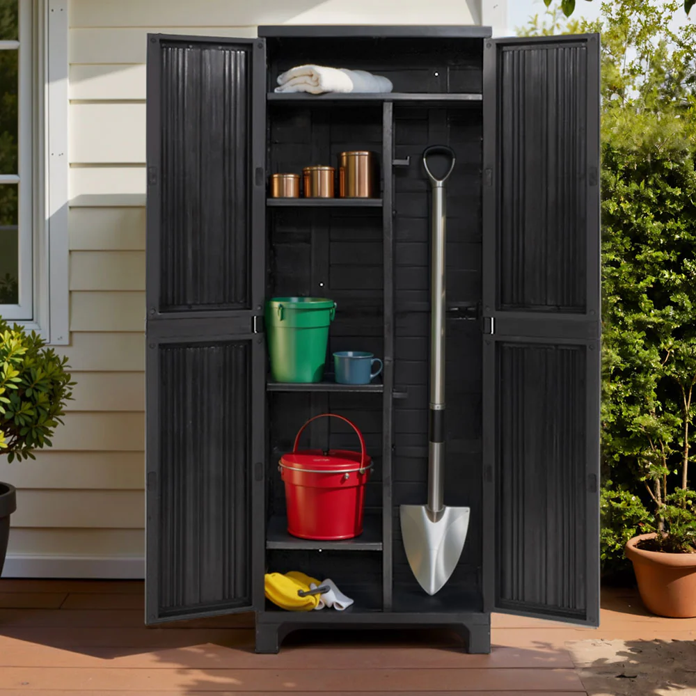 Outdoor Storage Cabinet Lockable Tall Garden Sheds Garage Adjustable Black 173CM - Nurns