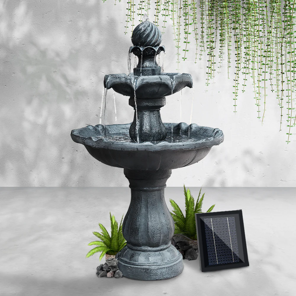 Solar Water Feature 3-Tier Fountain with Pump Kit Bird Bath 93cm - Black - Nurns