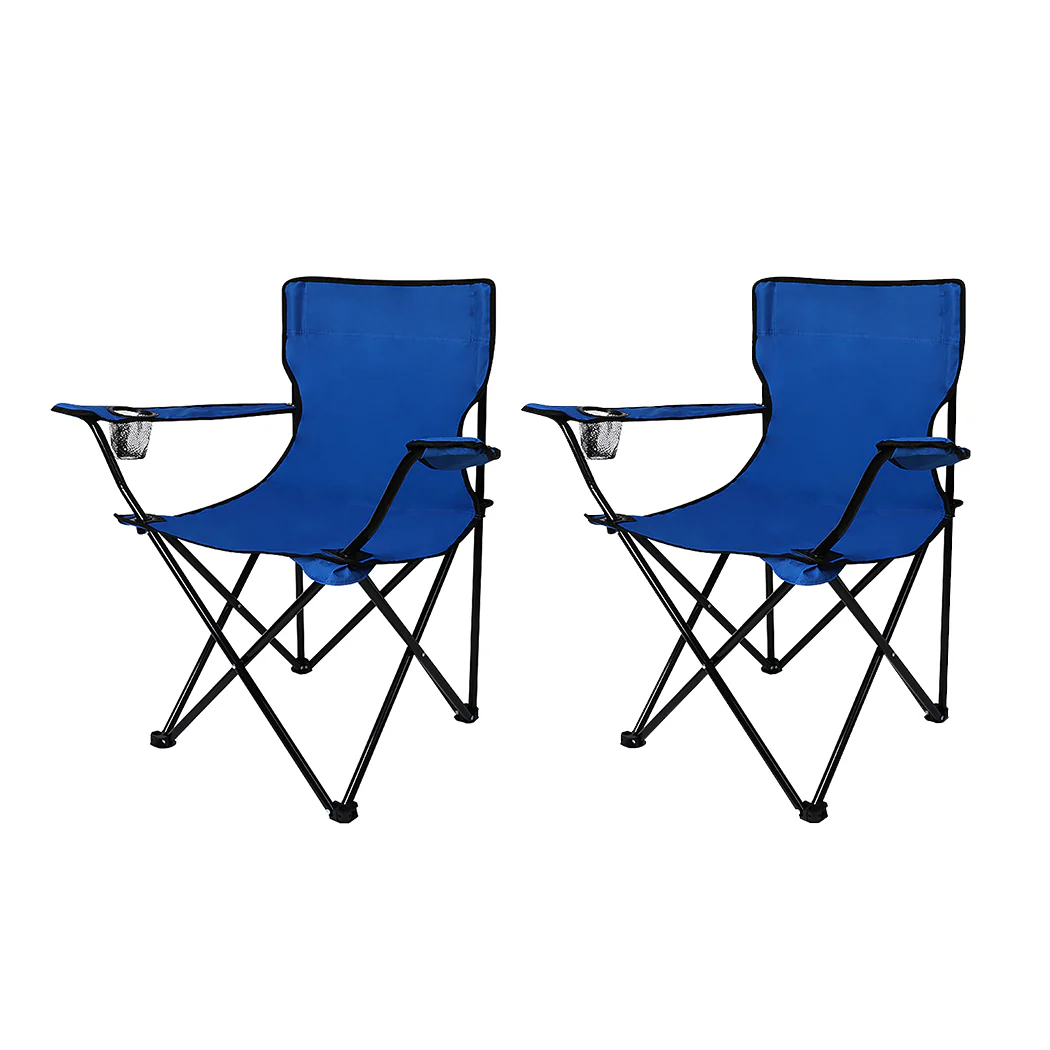 Set of 2 Folding Camping Chairs Arm Foldable Portable Outdoor Fishing Picnic Chair Blue - Nurns