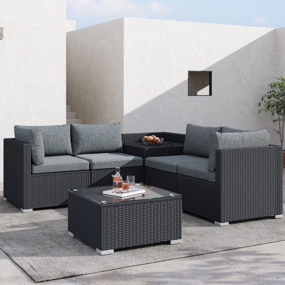 Robyn 5-Seater Modular Lounge Sofa 6-Piece Outdoor Sofa - Black - Nurns