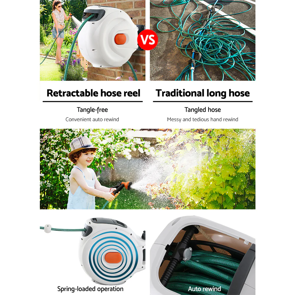 Water Hose Reel 20M Retractable Garden Spray Gun Auto Rewind - Nurns