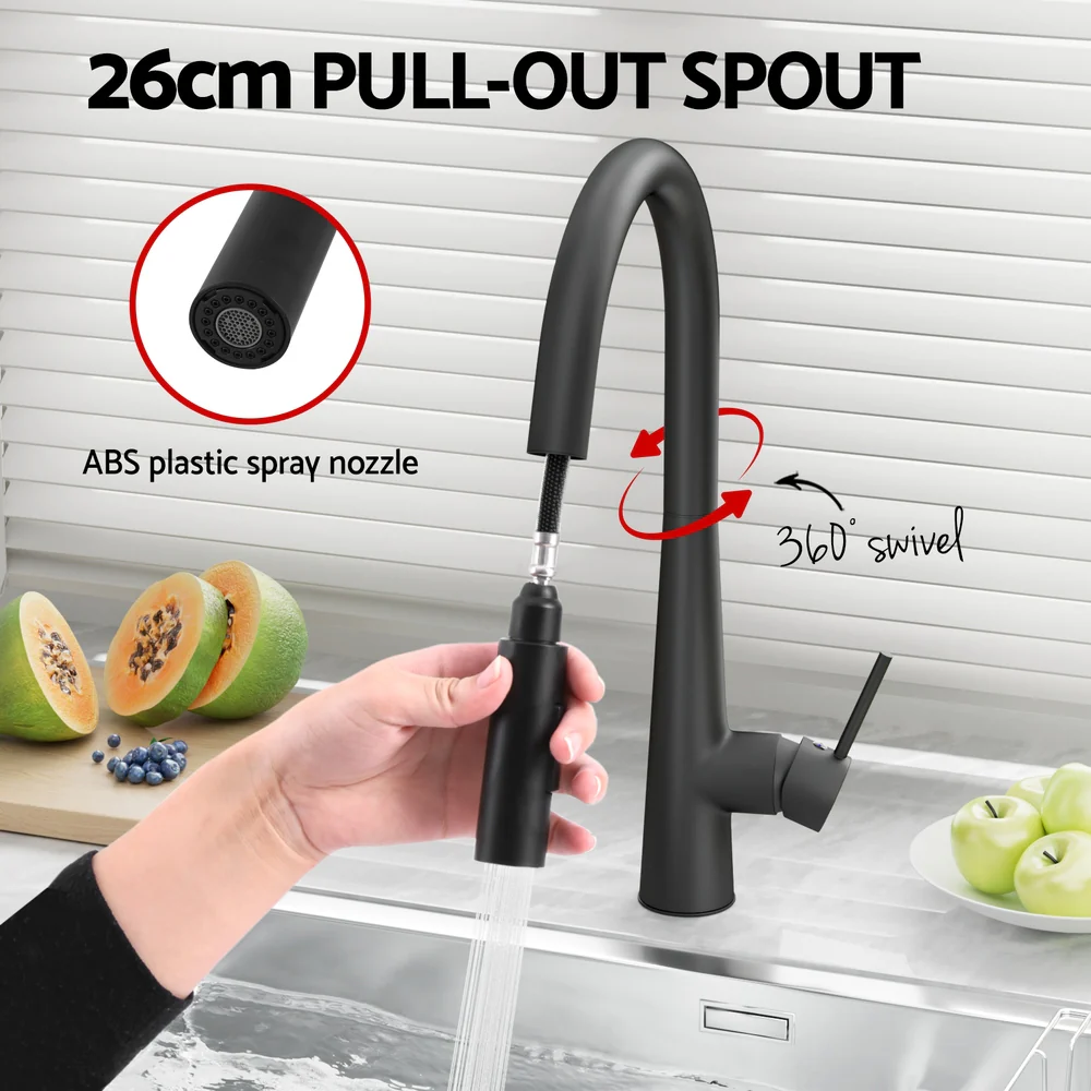 Kitchen Mixer Tap Pull Out Round 2 Mode Sink Basin Faucet Swivel - Black - Nurns