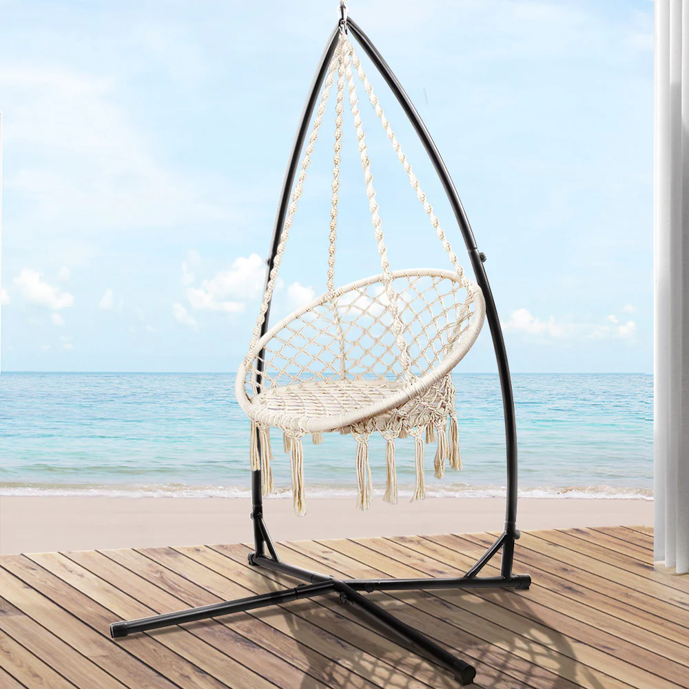 Hammock Chair with Steel Stand Macrame Outdoor Swinging - Cream - Nurns