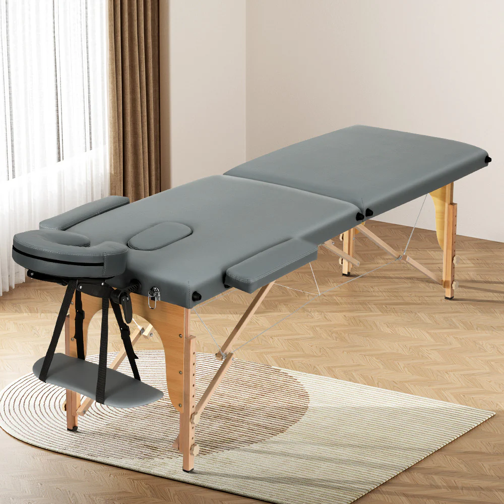 Massage Table 56cm Portable 2 Fold Wooden Beauty Bed Grey - Nurns