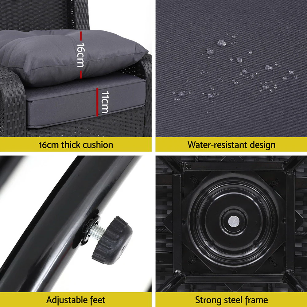 Cinzia Outdoor Furniture Lounge Wicker Swivel Chairs Table Cushion 3-Piece Outdoor Bistro Set - Black - Nurns