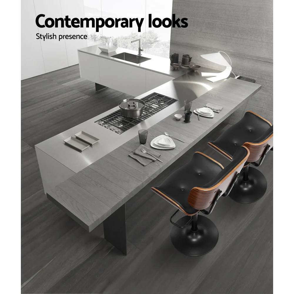 Set of 2 Ancona Bar Stool Gas Lift Wooden PU Leather - Black - Nurns