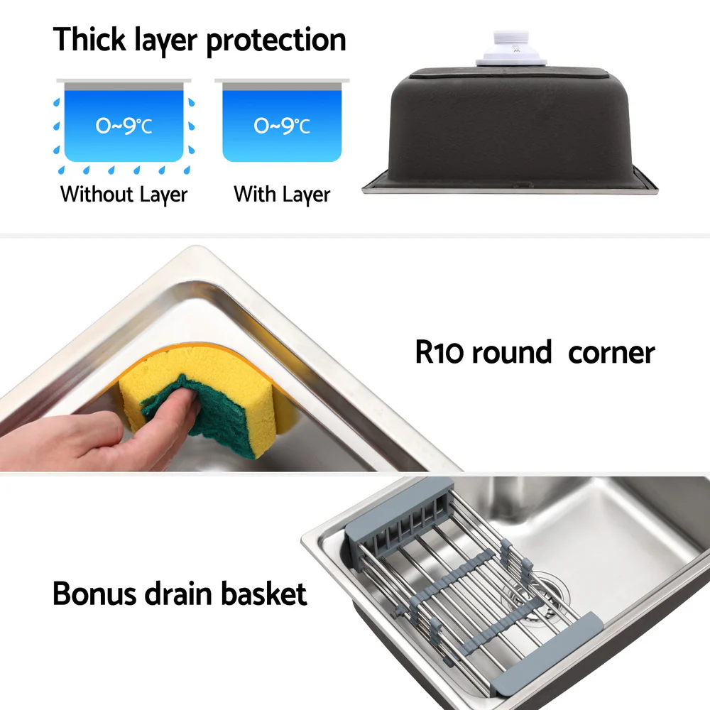 Kitchen Sink 61x43cm Stainless Steel Basin Single Bowl Silver Drain Basket - Nurns