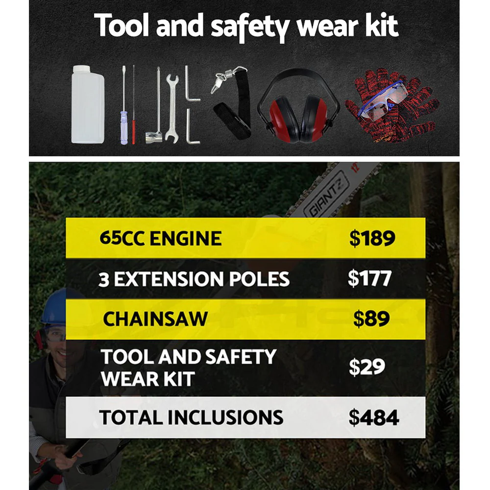 65CC Pole Chainsaw 12in Chain Saw Petrol 4.3m Long Reach - Nurns