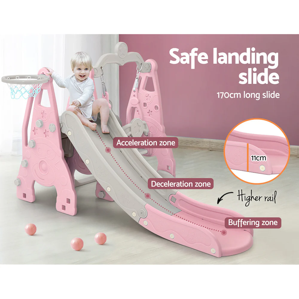 Kids Slide 170cm Extra Long Swing Basketball Hoop Toddlers PlaySet Pink - Nurns