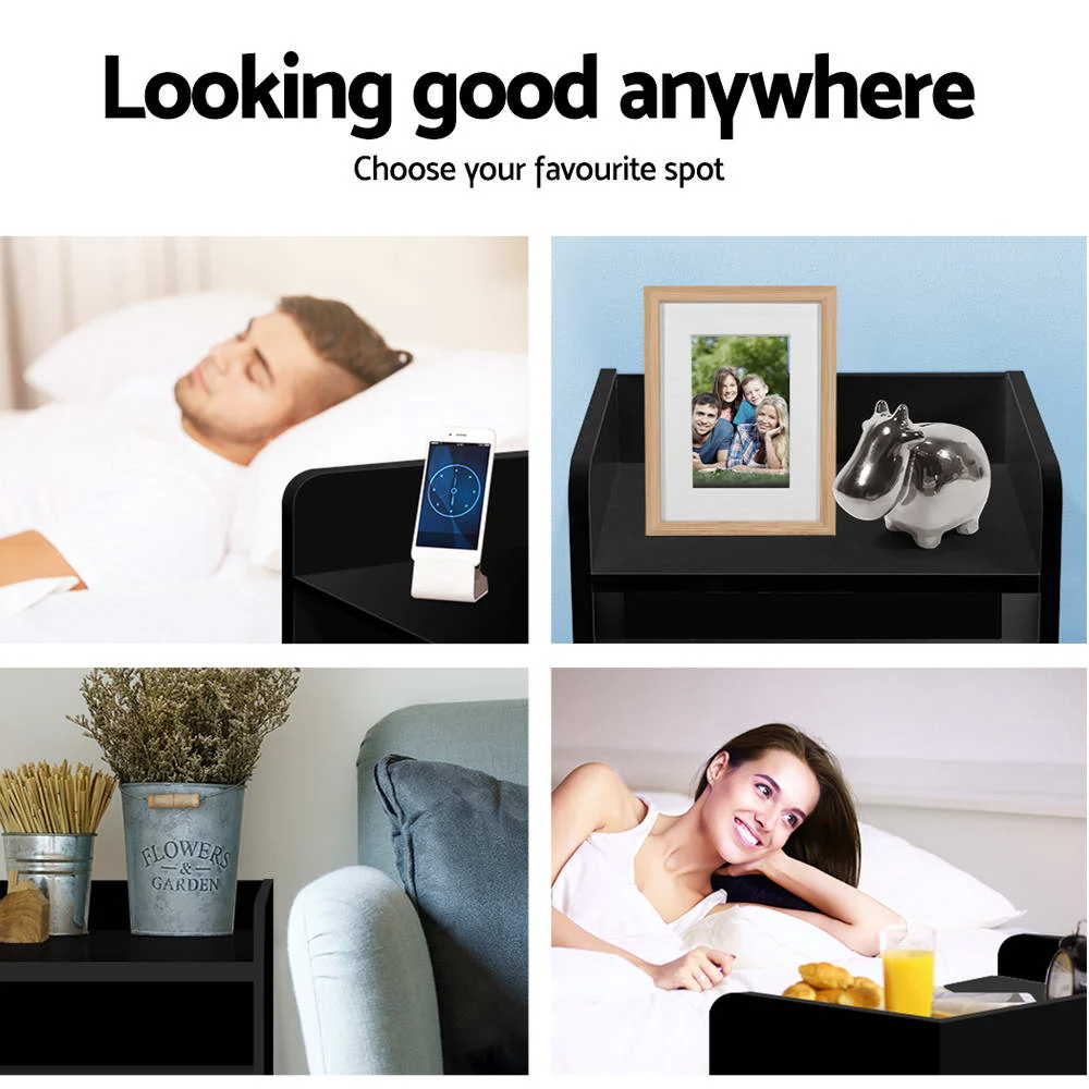 Baddeck Wooden Bedside Tables - Black - Nurns