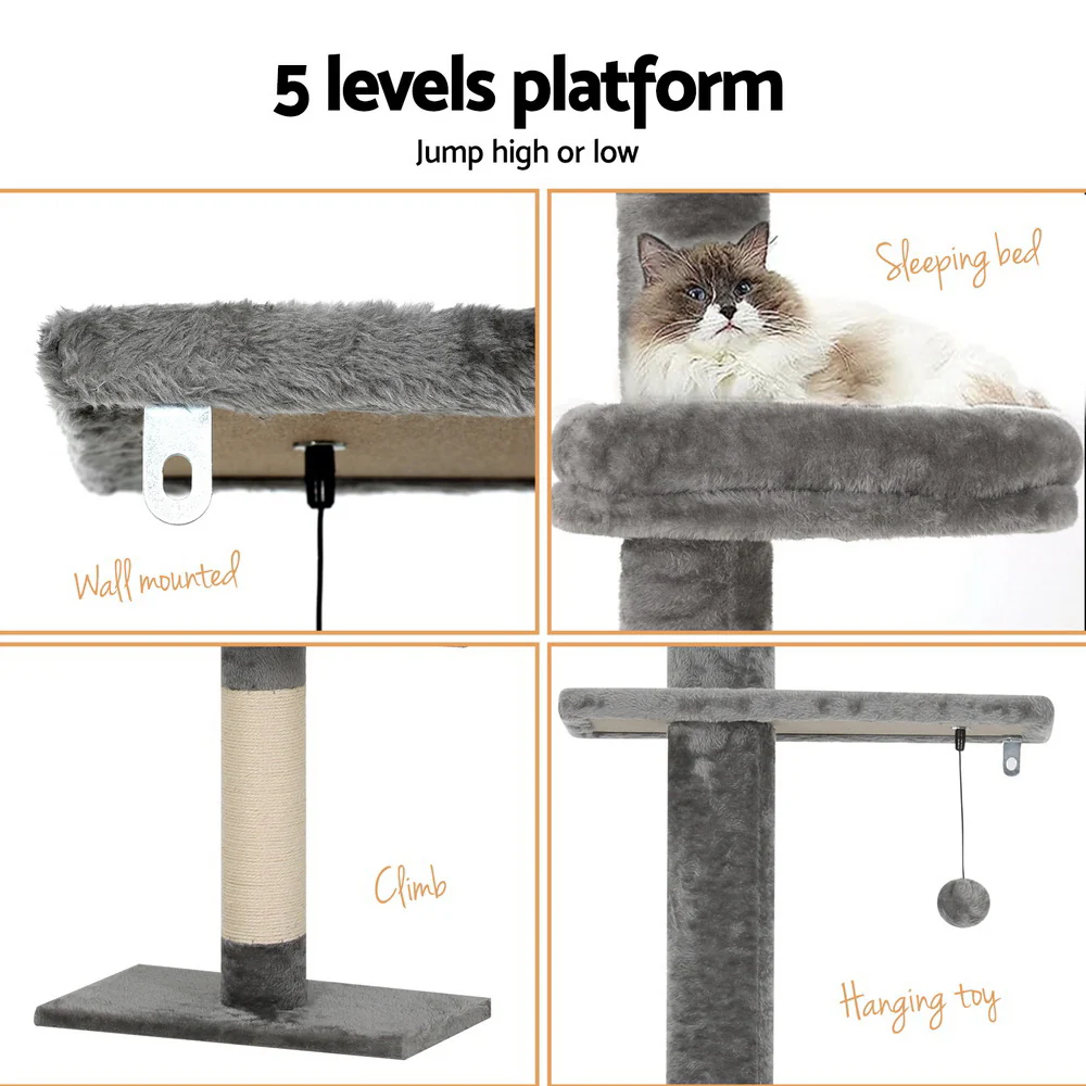 Cat Tree 290cm Tower Scratching Post Scratcher Floor to Ceiling Cats Bed - Grey & White - Nurns