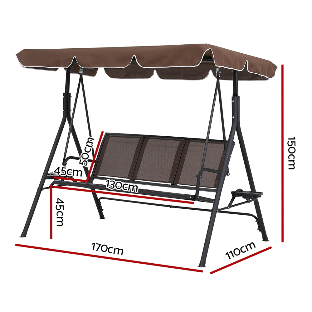 Astride Outdoor Swing Chair Garden Chair Canopy Cup Holder 3 Seater - Brown - Nurns