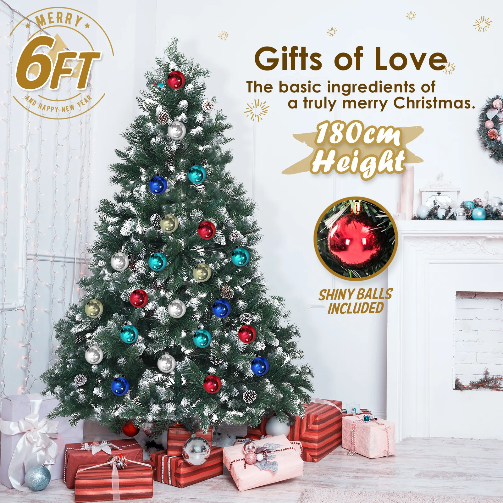 6ft 1.8m 930 Tips Snowy Christmas Tree Xmas Pine Cones + Bauble Balls Green - Nurns