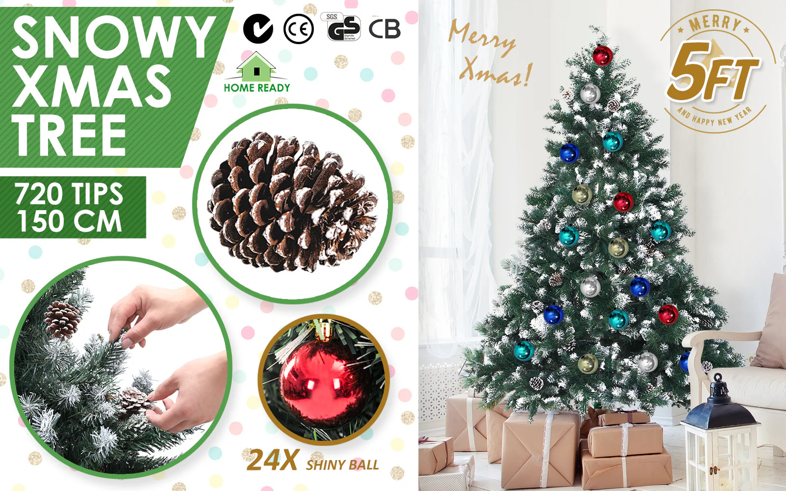 5ft 1.5m 720 Tips Snowy Christmas Tree Xmas Pine Cones + Bauble Balls Green - Nurns