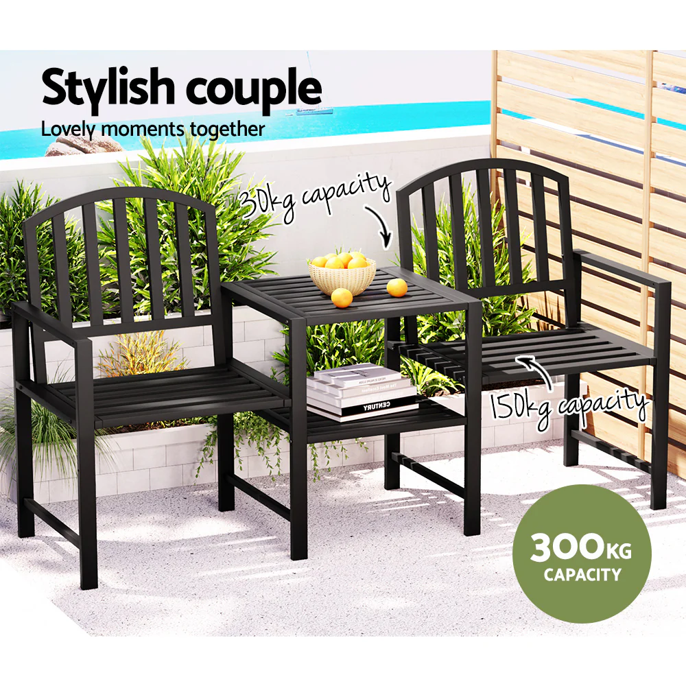 Lincoln Outdoor Garden Bench Steel Table and chair Patio Furniture Loveseat Park - Black - Nurns
