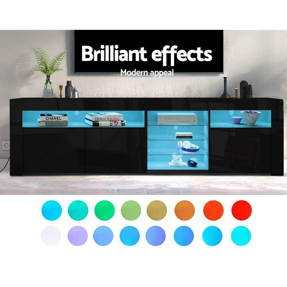 Hanns 180cm TV Cabinet Entertainment Unit Stand RGB LED Gloss 3 Doors - Black - Nurns