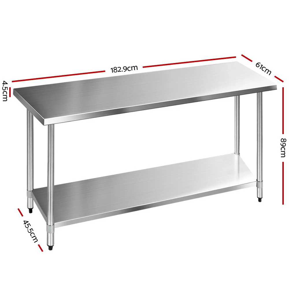 610x1829mm Commercial Stainless Steel Kitchen Bench - Nurns