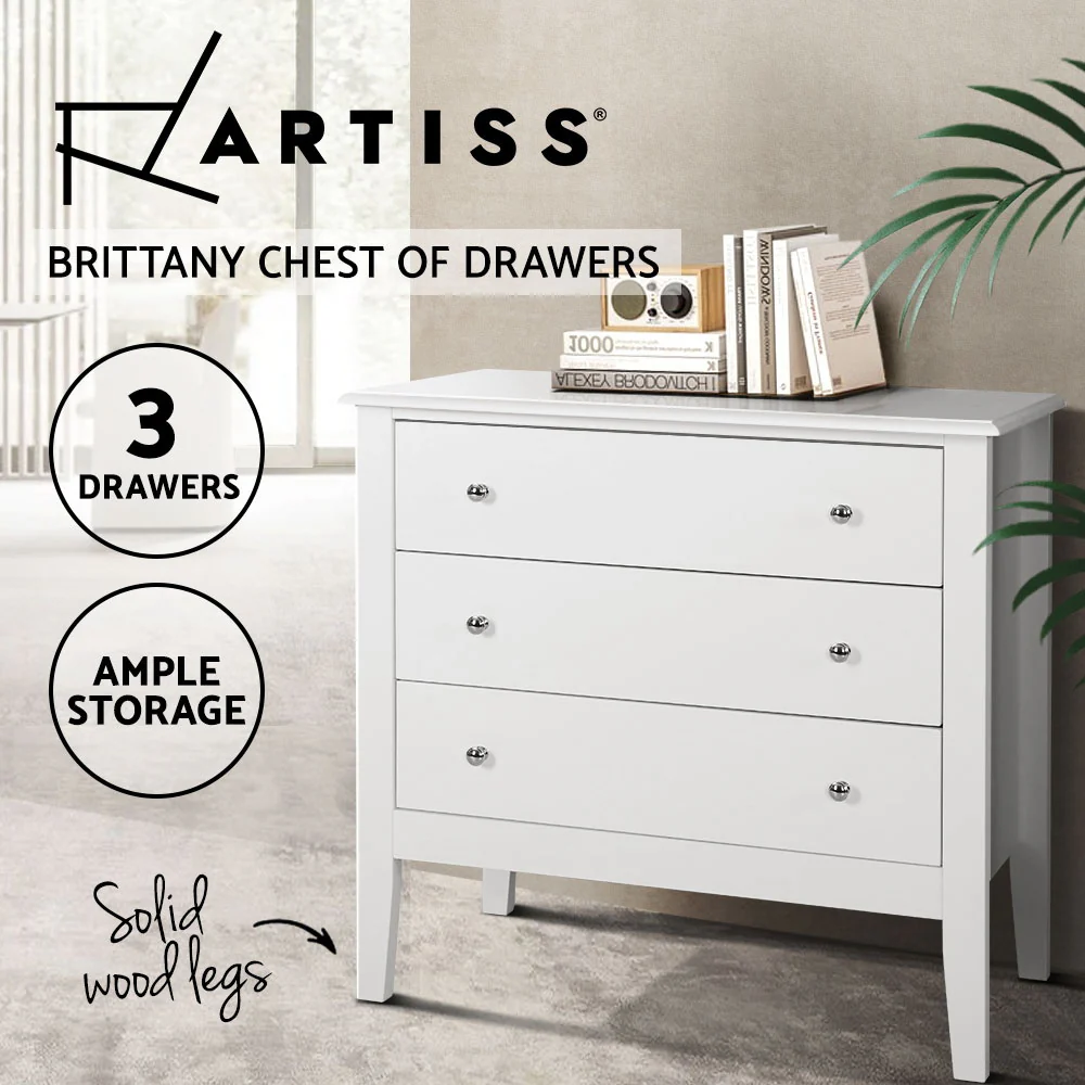 Artiss 3 Chest of Drawers - White - Nurns