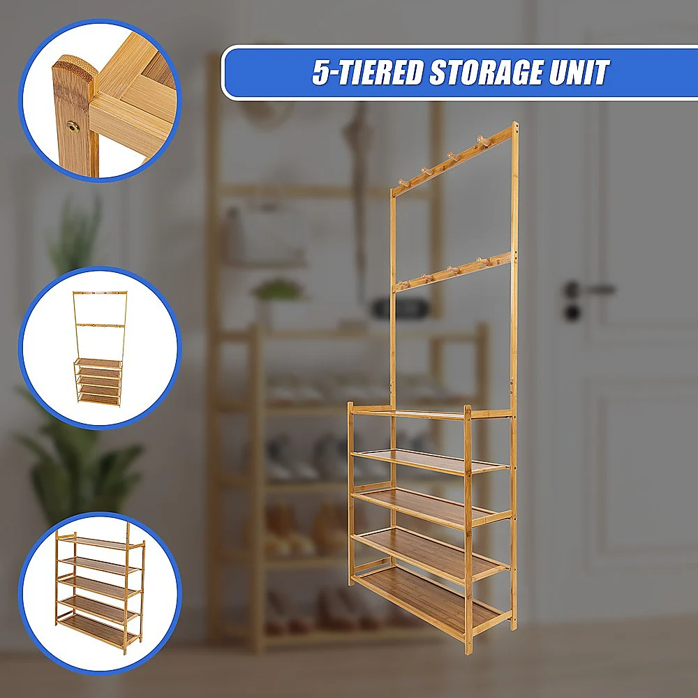 Large Wooden 5 Tiers Hat Coat Stand Clothes Shoe Rack Hanger Hooks Shelf Storage - Nurns