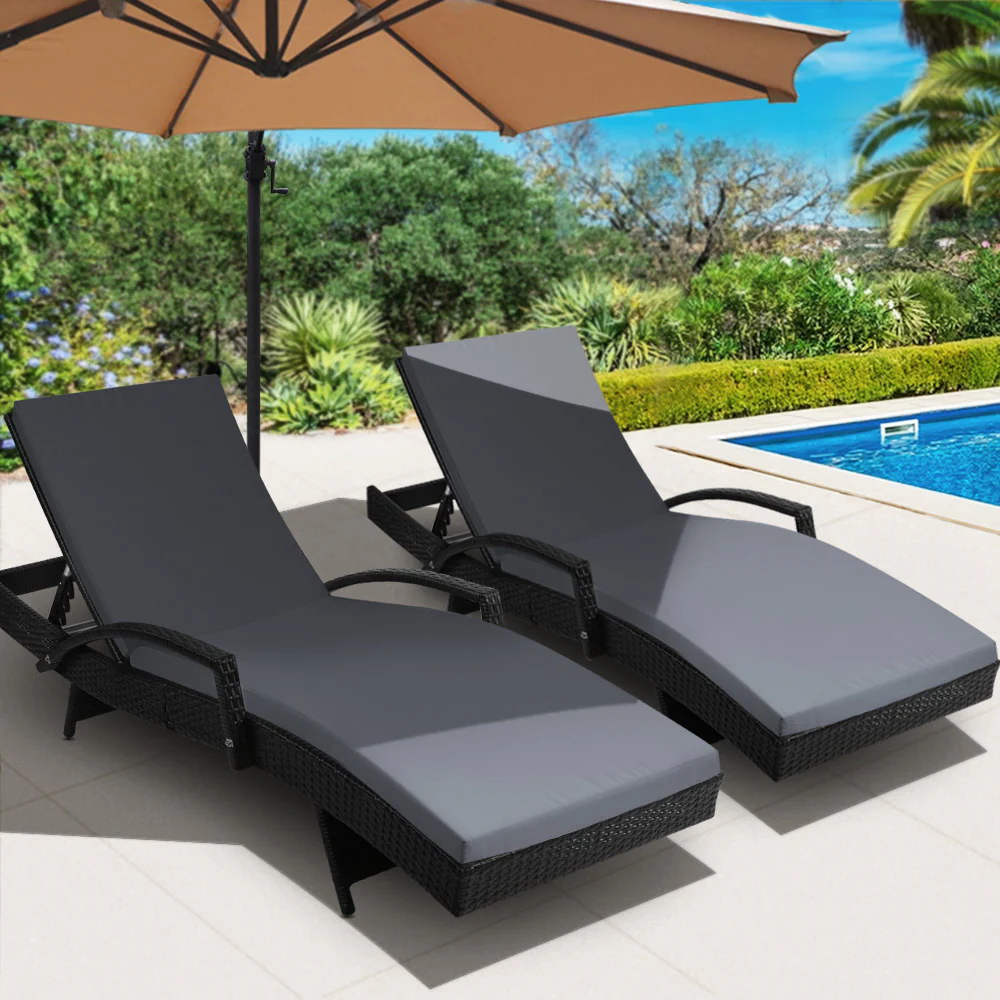 Ashby Set of 2 Outdoor Sun Lounge Wicker with Armrest Chair and Cushion - Black - Nurns