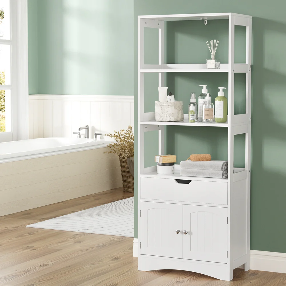 Bathroom Floor Storage Cabinet with 2 Drawers 3 Open Shelves 2 Doors - White - Nurns
