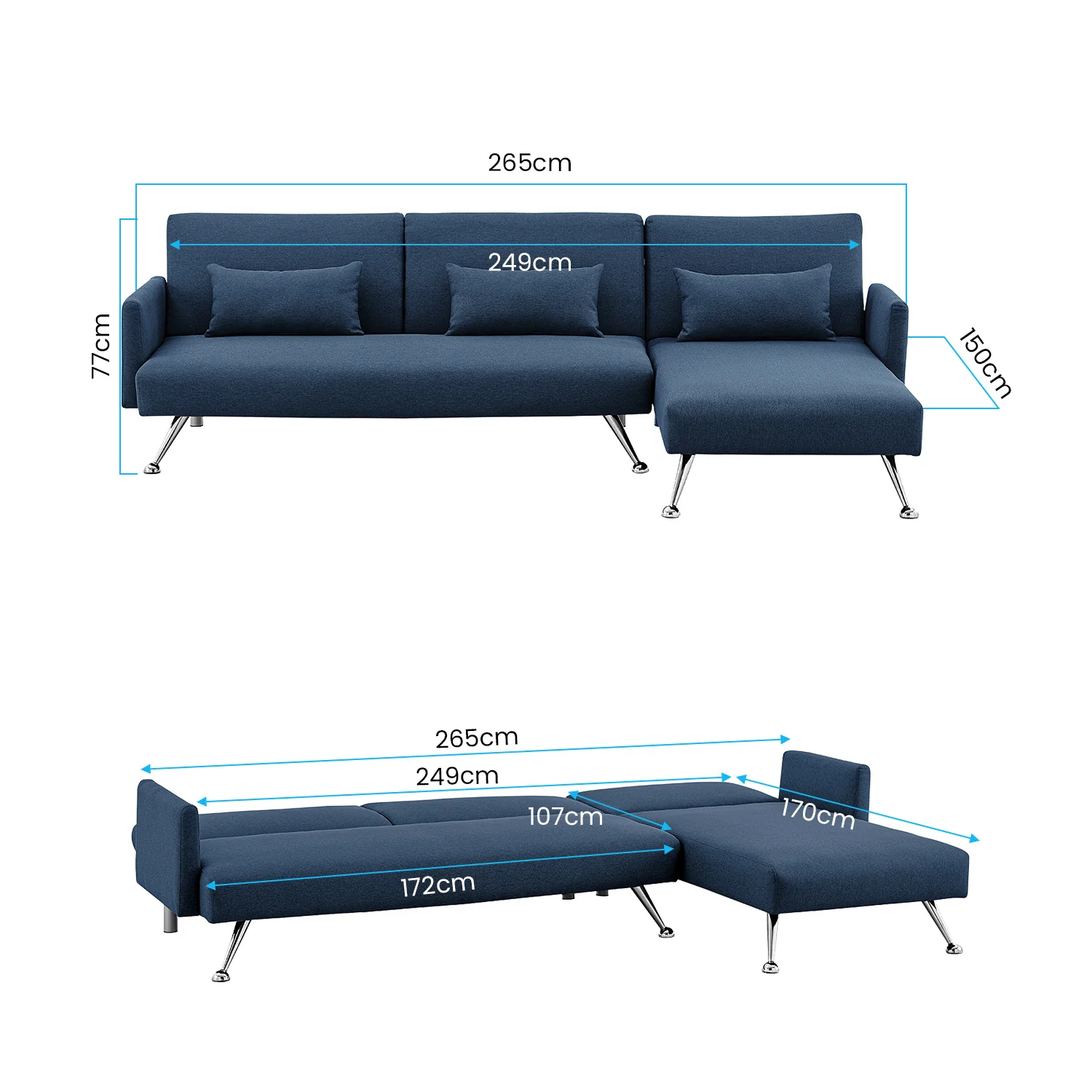 Merritt 3-Seater Chaise Sofa Bed with 3 Pillows - Blue - Nurns