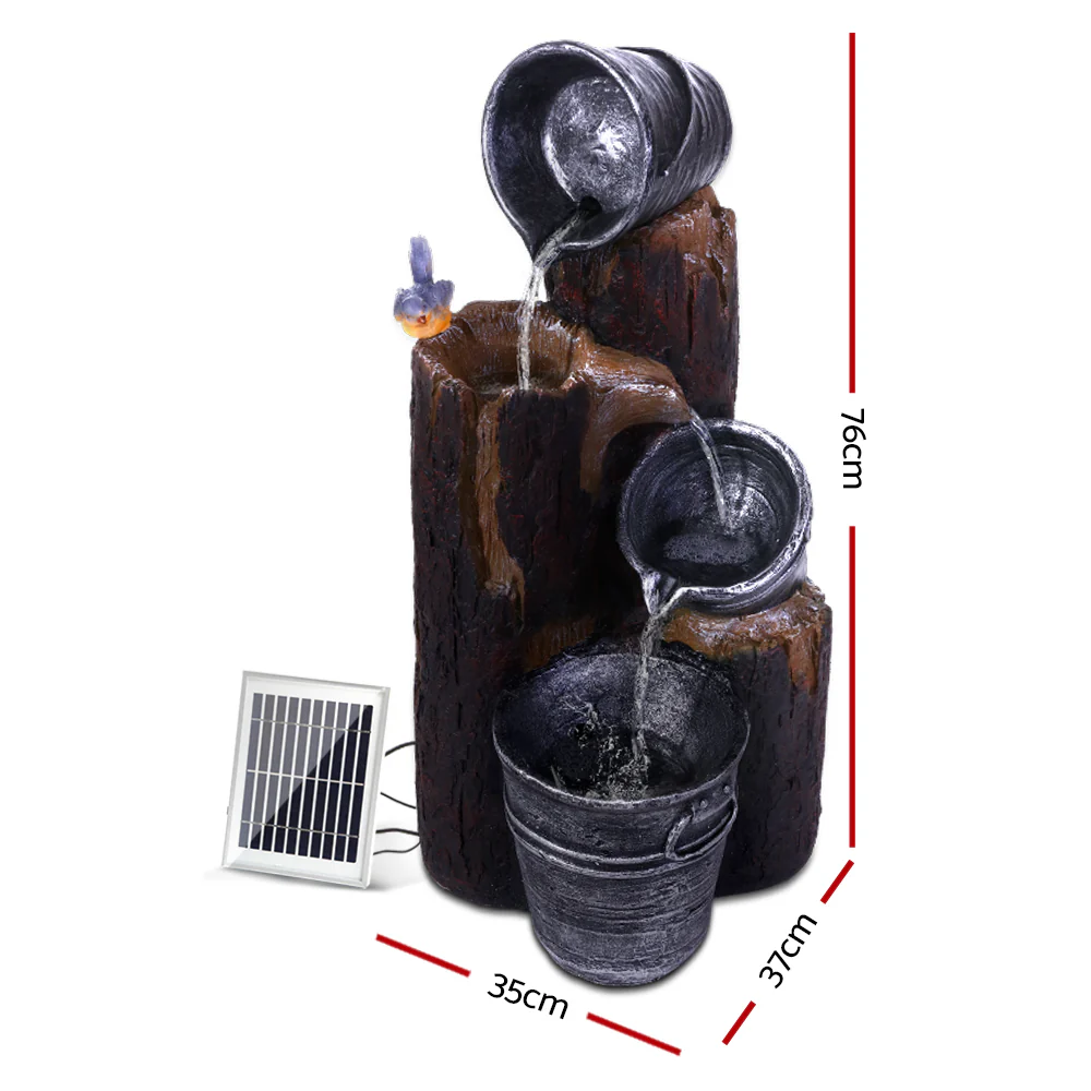Solar Water Feature Cascading Fountain 3-Tier Bucket LED light Bird 76cm - Nurns