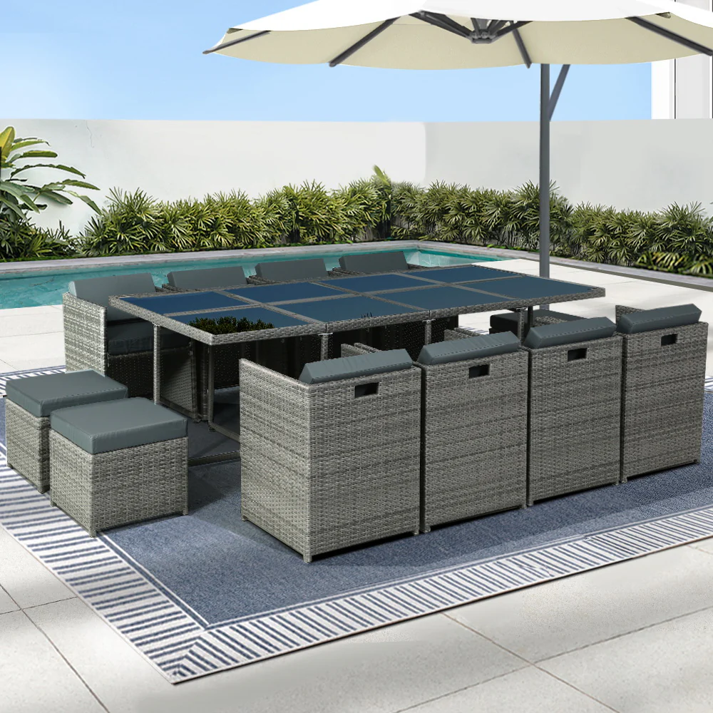 Carnforth 12-Seater Table Chairs Patio Lounge Setting Furniture 13-Piece Outdoor Dining Set - Grey - Nurns