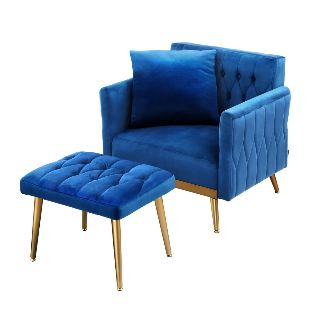 Melanie Armchair Ottoman Accent Chair Pillow Velvet - Blue - Nurns